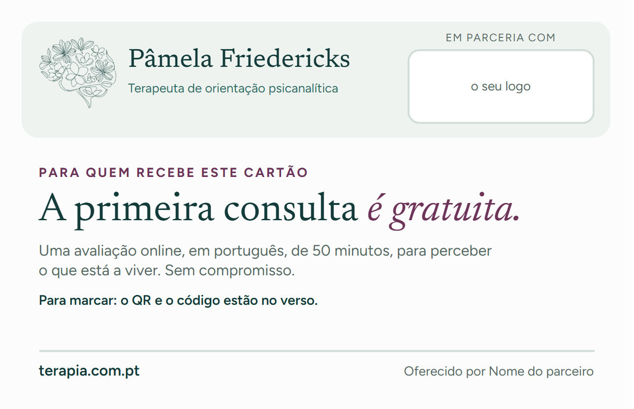 Frente do cartão: os dois logos e «A primeira consulta é gratuita».