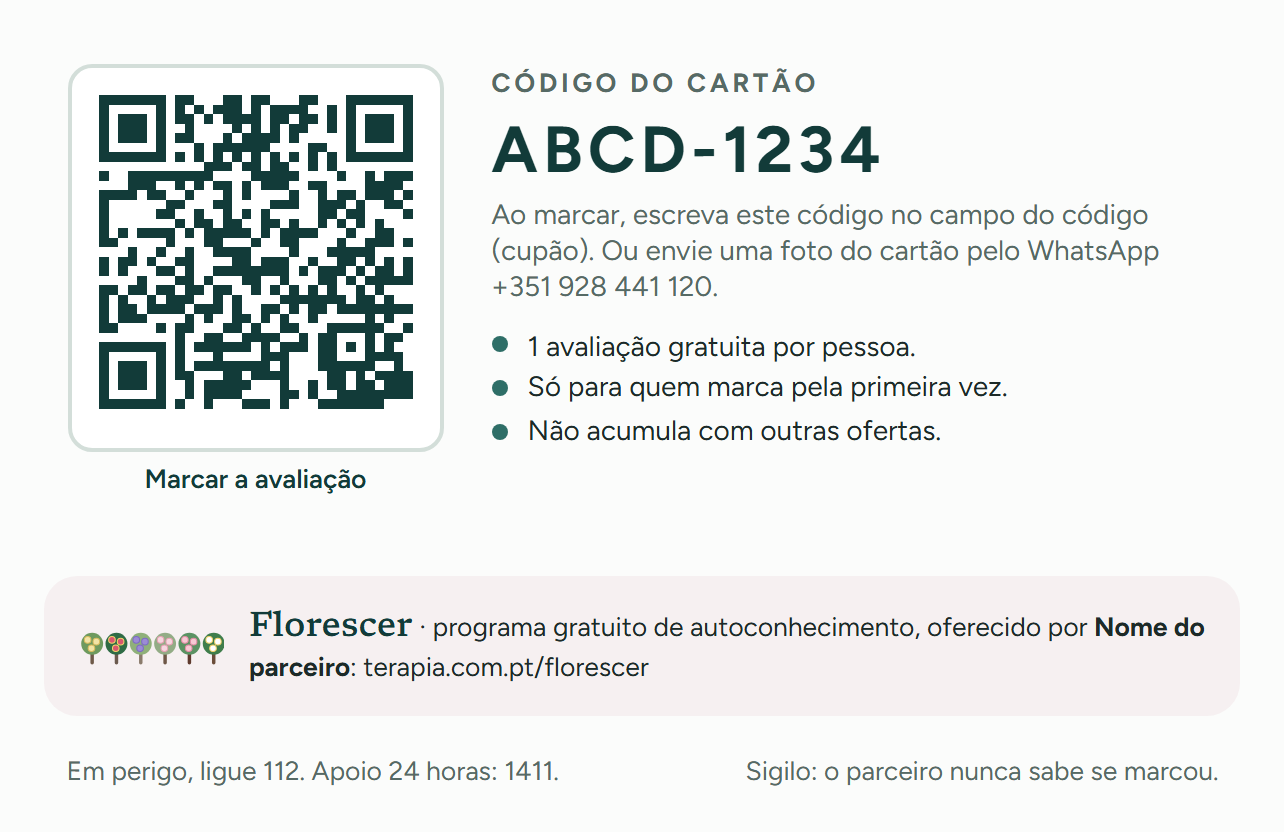 Verso do cartão: o QR para marcar, o código, as regras e o Florescer.